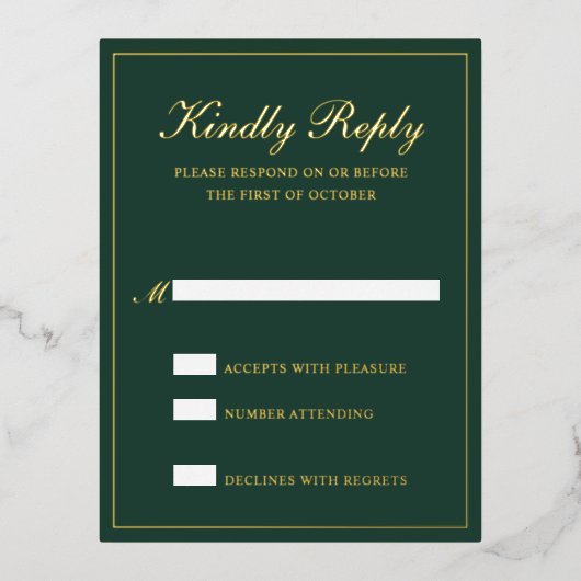 Forest Green Formal Wedding Folie RSVP Card Folie Uitnodiging Briefkaart (Voorkant)
