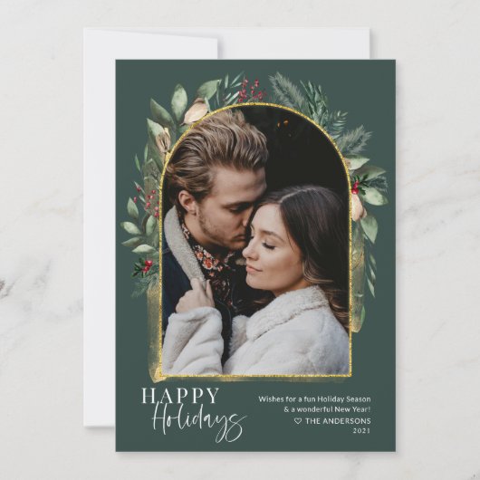 Forest Green Gold Arch met Modern Script Photo Feestdagenkaart (Voorkant)