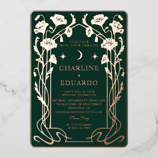 Forest Green & Gold Art Nouveau bruiloft uitnodigi Folie Uitnodiging (Voorkant)