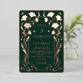 Forest Green & Gold Art Nouveau bruiloft uitnodigi Folie Uitnodiging (Staand Voorkant)