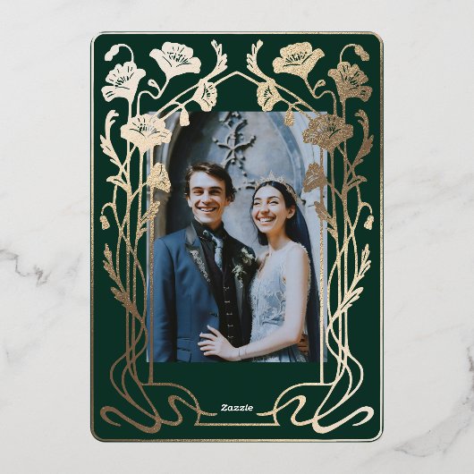Forest Green & Gold Art Nouveau bruiloft uitnodigi Folie Uitnodiging (Achterkant)