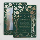 Forest Green & Gold Art Nouveau Fotobruiloft Kaart (Voorkant / Achterkant)