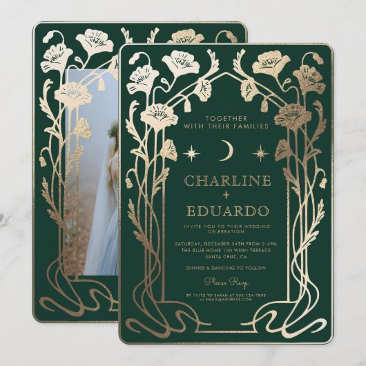 Forest Green & Gold Art Nouveau Fotobruiloft Kaart (Voorkant / Achterkant)