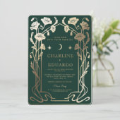 Forest Green & Gold Art Nouveau Fotobruiloft Kaart (Staand voorkant)