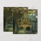 Forest Green Gold Chandelier Party Uitnodigingen (Voorkant / Achterkant)