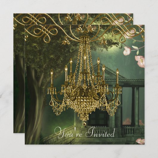 Forest Green Gold Chandelier Party Uitnodigingen (Voorkant / Achterkant)
