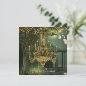 Forest Green Gold Chandelier Party Uitnodigingen (Staand voorkant)
