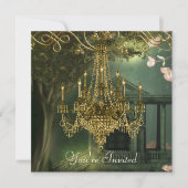 Forest Green Gold Chandelier Party Uitnodigingen (Voorkant)