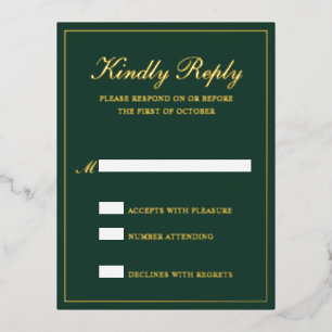 Forest Green Gold Foil Formal Wedding RSVP Kaart