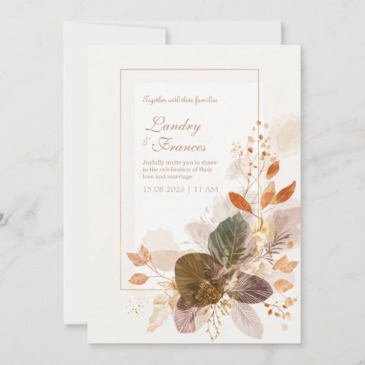 Forest Green Gold Line Autumnal Leaf Wedding Kaart (Voorkant)