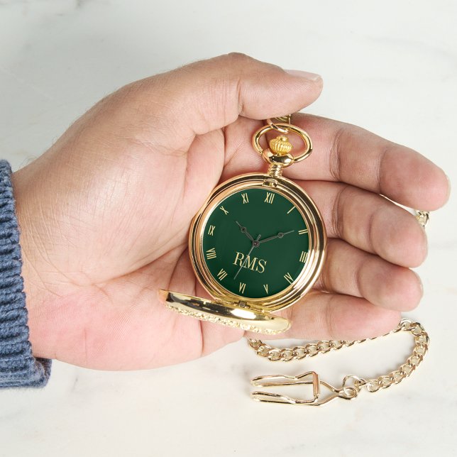 Forest Green Gold Monogrammed Classic Retro Pocket Horloge (Forest Green Gold Monogrammed Classic Retro Pocket Watch)