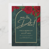 Forest Green Gold RED Roses Winter BEWAREN DATUM Kaart (Voorkant)