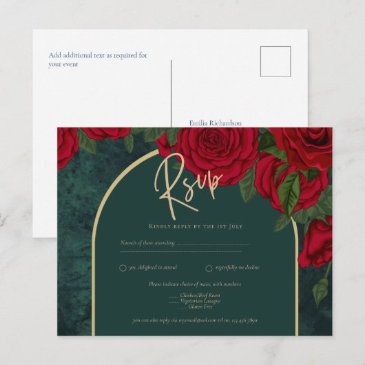 Forest Green Gold RED Roses Winter Wedding Briefkaart (Voorkant / Achterkant)