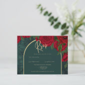 Forest Green Gold RED Roses Winter Wedding Briefkaart (Staand voorkant)