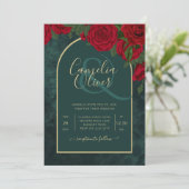 Forest Green Gold RED Roses Winter Wedding Kaart (Staand voorkant)