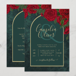 Forest Green Gold RED Roses Winter Wedding Kaart