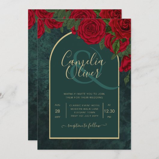 Forest Green Gold RED Roses Winter Wedding Kaart (Voorkant / Achterkant)