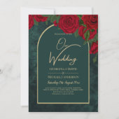 Forest Green Gold RED Roses Winter Wedding Kaart (Voorkant)