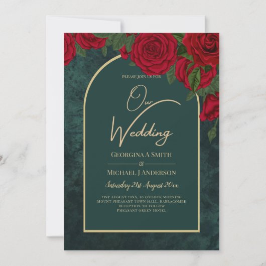 Forest Green Gold RED Roses Winter Wedding Kaart (Voorkant)