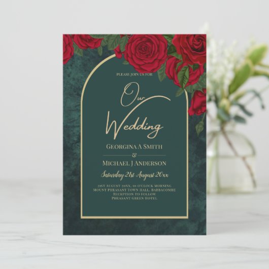 Forest Green Gold RED Roses Winter Wedding Kaart (Staand voorkant)