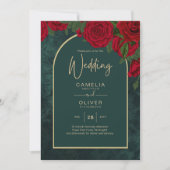 Forest Green Gold RED Roses Winter Wedding Kaart (Voorkant)