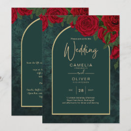 Forest Green Gold RED Roses Winter Wedding Kaart