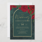 Forest Green Gold RED Roses Winter Wedding Kaart (Voorkant)