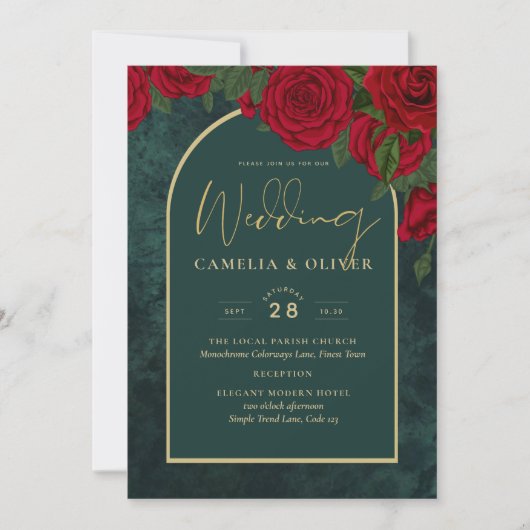 Forest Green Gold RED Roses Winter Wedding Kaart (Voorkant)