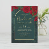 Forest Green Gold RED Roses Winter Wedding Kaart (Staand voorkant)