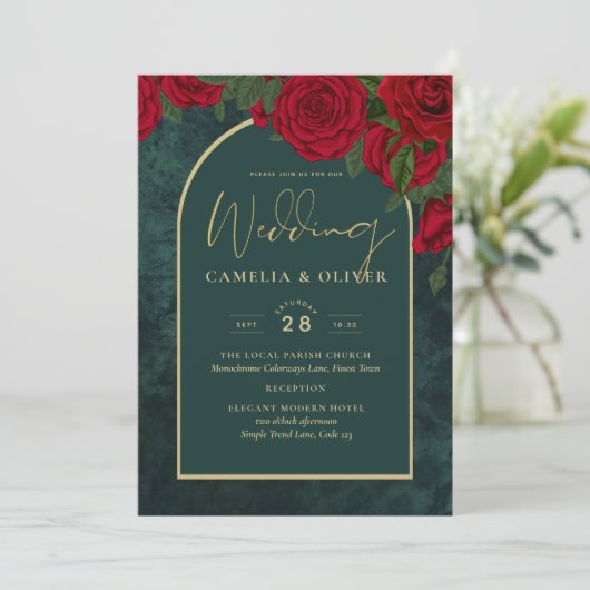 Forest Green Gold RED Roses Winter Wedding Kaart (Staand voorkant)