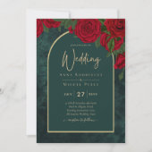 Forest Green Gold RED Roses Winter Wedding Kaart (Voorkant)