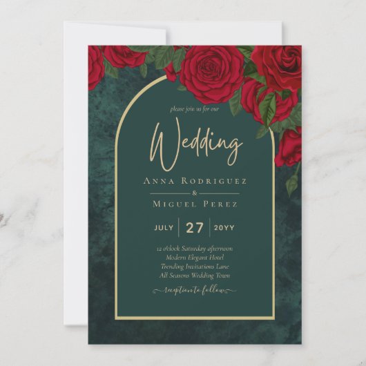 Forest Green Gold RED Roses Winter Wedding Kaart (Voorkant)
