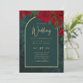 Forest Green Gold RED Roses Winter Wedding Kaart (Staand voorkant)