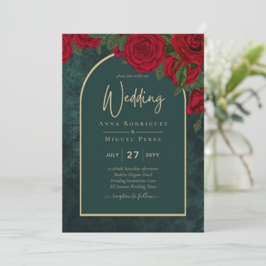 Forest Green Gold RED Roses Winter Wedding Kaart (Staand voorkant)