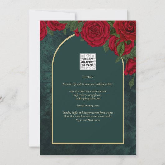 Forest Green Gold RED Roses Winter Wedding Kaart (Achterkant)