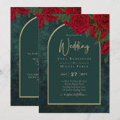 Forest Green Gold RED Roses Winter Wedding Kaart (Voorkant / Achterkant)