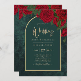 Forest Green Gold RED Roses Winter Wedding Kaart