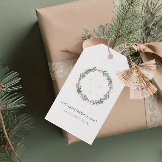 Forest Green Gold Stars Christmas Family Name Cadeaulabel