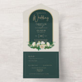 Forest Green Gold White Roses Winter Wedding All In One Uitnodiging (Binnen)