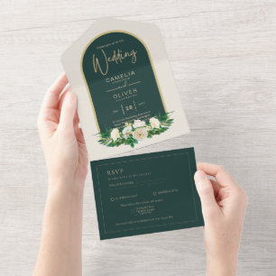 Forest Green Gold White Roses Winter Wedding All In One Uitnodiging