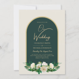 Forest Green Gold White Roses Winter Wedding Kaart