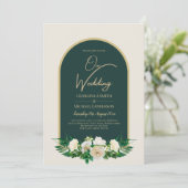 Forest Green Gold White Roses Winter Wedding Kaart (Staand voorkant)