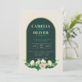 Forest Green Gold White Roses Winter Wedding Kaart (Staand voorkant)