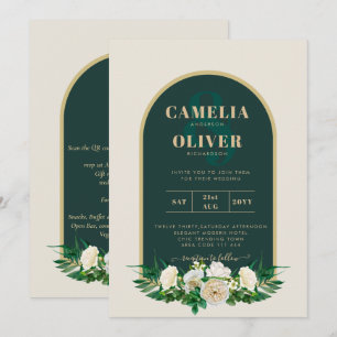 Forest Green Gold White Roses Winter Wedding Kaart