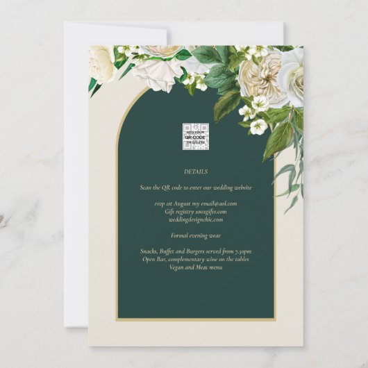 Forest Green Gold White Roses Winter Wedding Kaart (Achterkant)