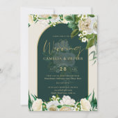 Forest Green Gold White Roses Winter Wedding Kaart (Voorkant)