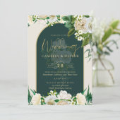 Forest Green Gold White Roses Winter Wedding Kaart (Staand voorkant)