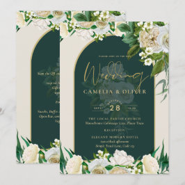Forest Green Gold White Roses Winter Wedding Kaart