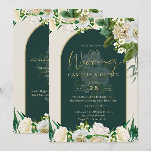 Forest Green Gold White Roses Winter Wedding Kaart (Voorkant / Achterkant)