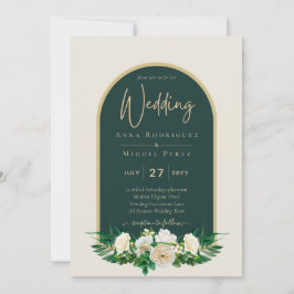 Forest Green Gold White Roses Winter Wedding Kaart